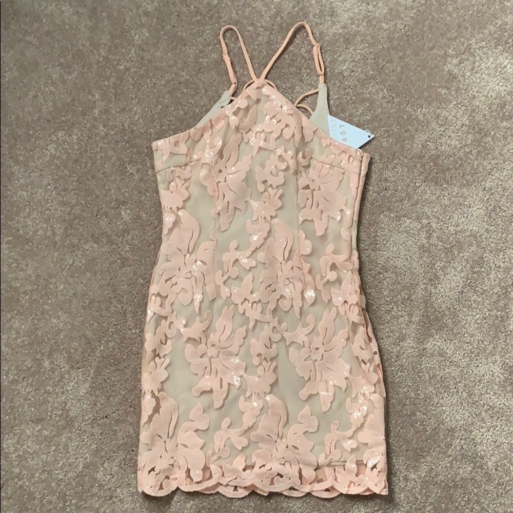 New! Love Triangle pink sequin lace cocktail dress
